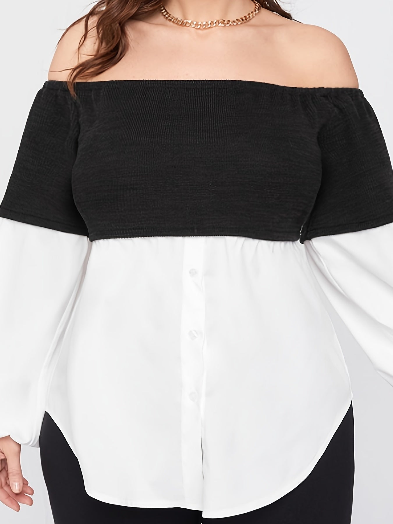  Contrast Colorblock Off Shoulder Shirt Women's Plus Street Style Top