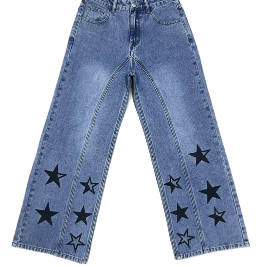 Star Print Wide Leg Pintuck Jeans High Rise