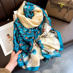 Peacock Print Large Scarf Block Satin Shawl Silk Windproof
