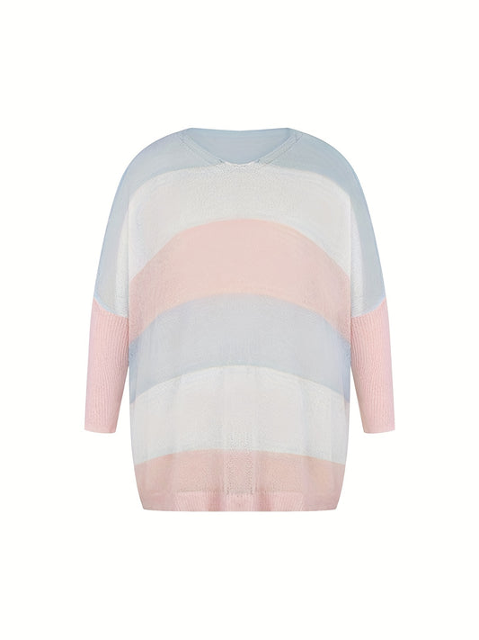  Colorblock Semi Sheer Round Neck Sweater