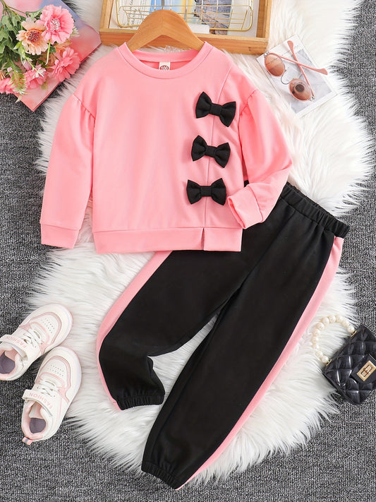 Girls 2pcs Sweatshirt & Pants Set Bow Decor Long Sleeve Pullover Top Casual Kids