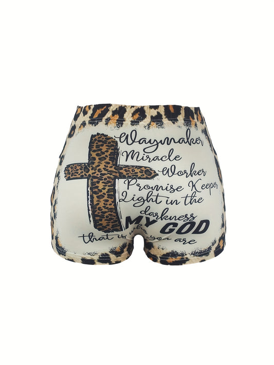 Letter & Leopard Print Skinny Shorts for Women