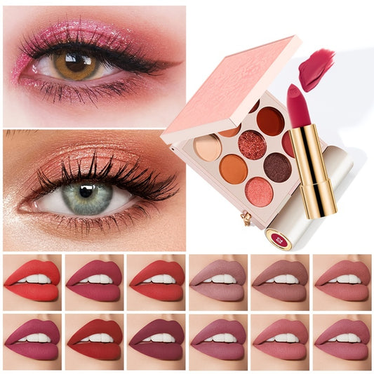 Eyeshadow Lipstick Set Glitter Shimmer Waterproof Long-lasting Matte Velvet