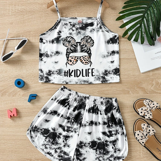 Girls Tie Dye Shorts Suit Graphic Cami Top & Shorts Set Kids Clothes