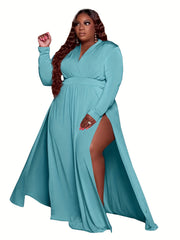  Sexy Long Sleeve Surplice Neck High Split Dress