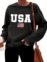  Flag Print Long Sleeve Round Neck Pullover Top