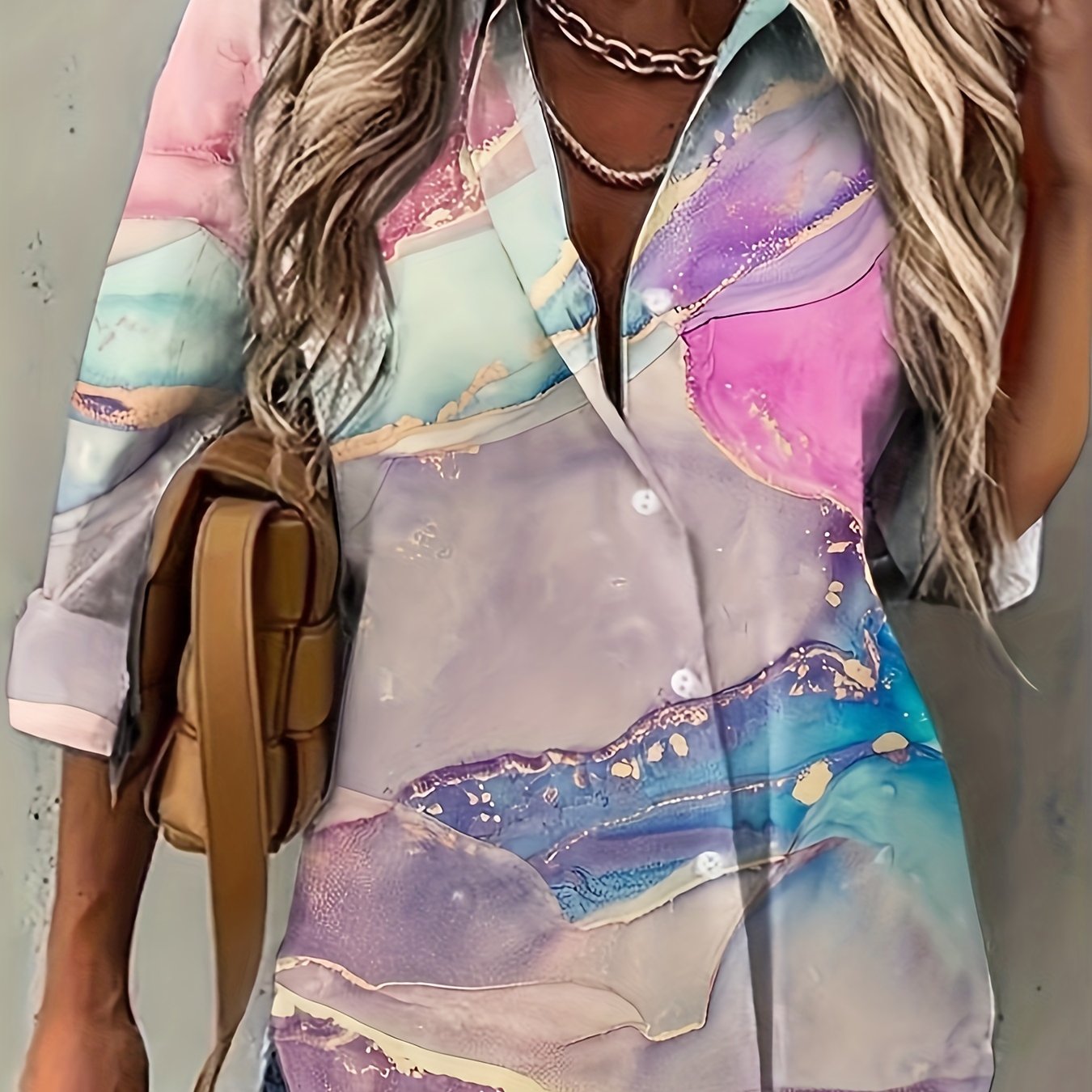  Women's Marble Print Long Sleeve Button Up Shirt Top