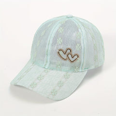 Lace Floral Embroidered Baseball Cap Heart Label Mesh Overlay Breathable Sun Hat