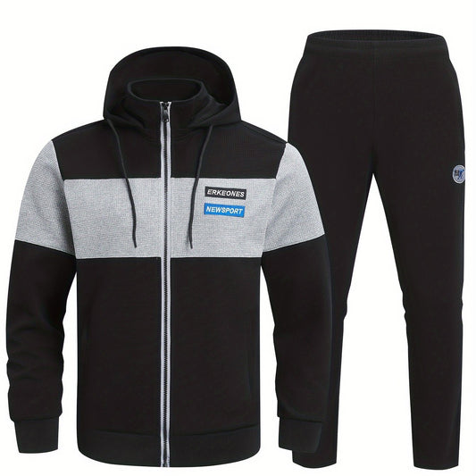Men's 2 Piece Outfits Block Hooded Zipper Jacket And Sweatpants Set