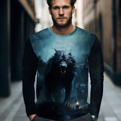Wolf Print Men's Long Sleeve Tee for Autumn