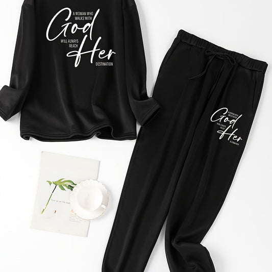  Lounge Set Women's Slogan Print Fleece Tee & Joggers Pajamas