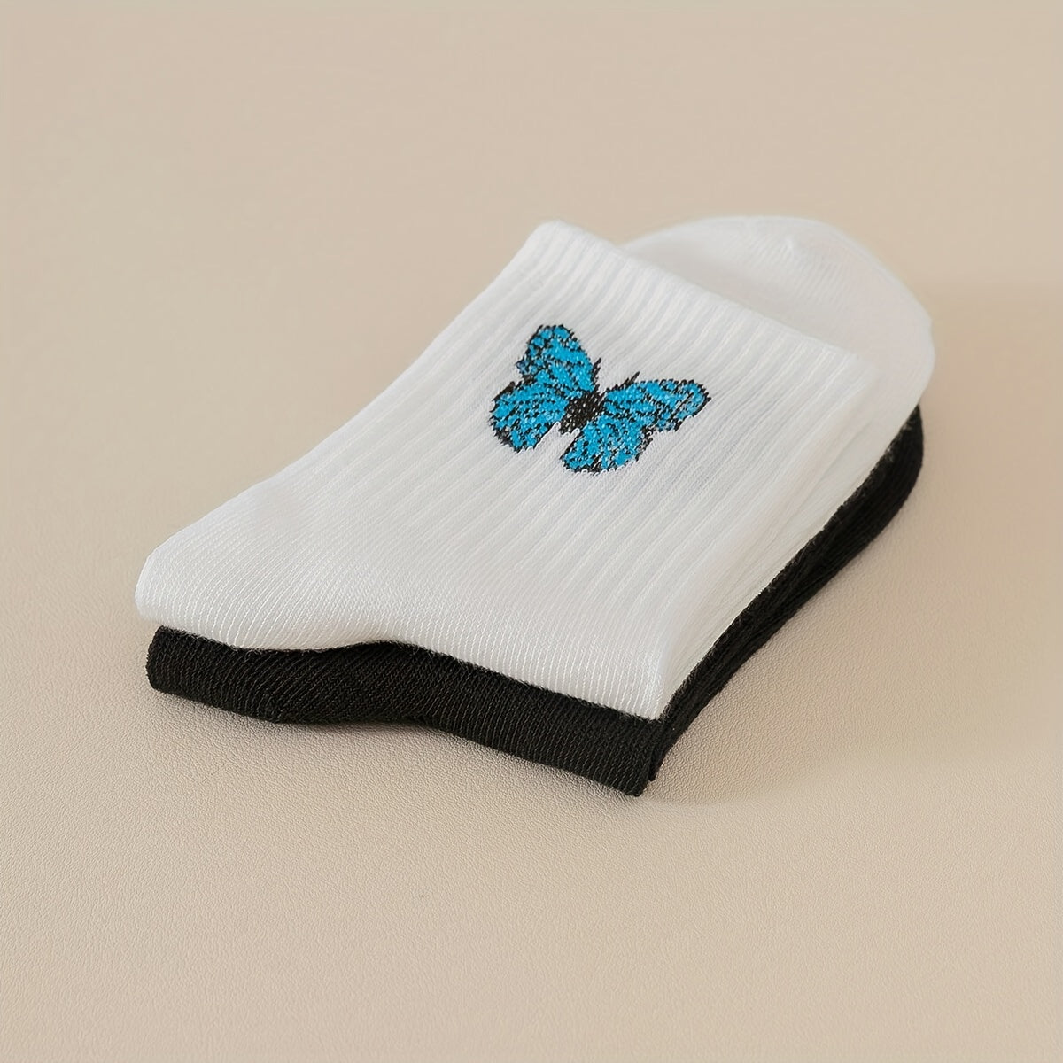 2 Pairs Butterfly Print Ribbed Socks Women's Mid Tube Stockings