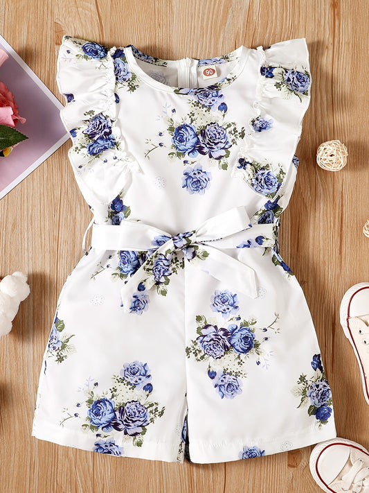 Girls Flowers Print Romper Sleeveless Ruffles Jumpsuit With Belt