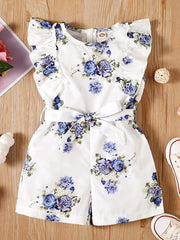 Girls Flowers Print Romper Sleeveless Ruffles Jumpsuit With Belt