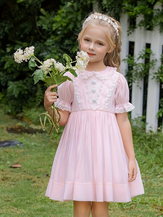 Girls' Lace Trims Collared Short Sleeve Princess Dress