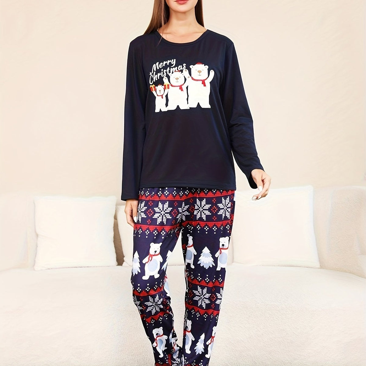 Bear Print Pajama Set Christmas Long Sleeve Top & Pants