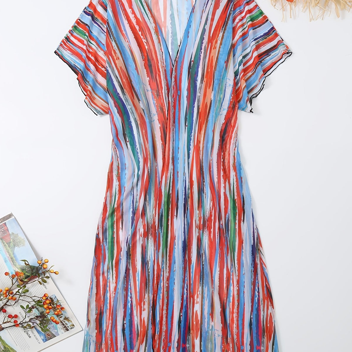 Striped Graffiti Sheer Kaftan V Neck Cover Up Dress Beachwear Kimono