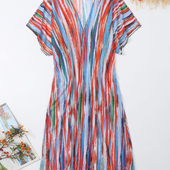 Striped Graffiti Sheer Kaftan V Neck Cover Up Dress Beachwear Kimono
