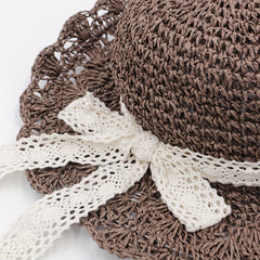 Lace Ribbon Bowknot Sun Hat Hollow Wide Brim Straw Hat Crochet Fedora Cap
