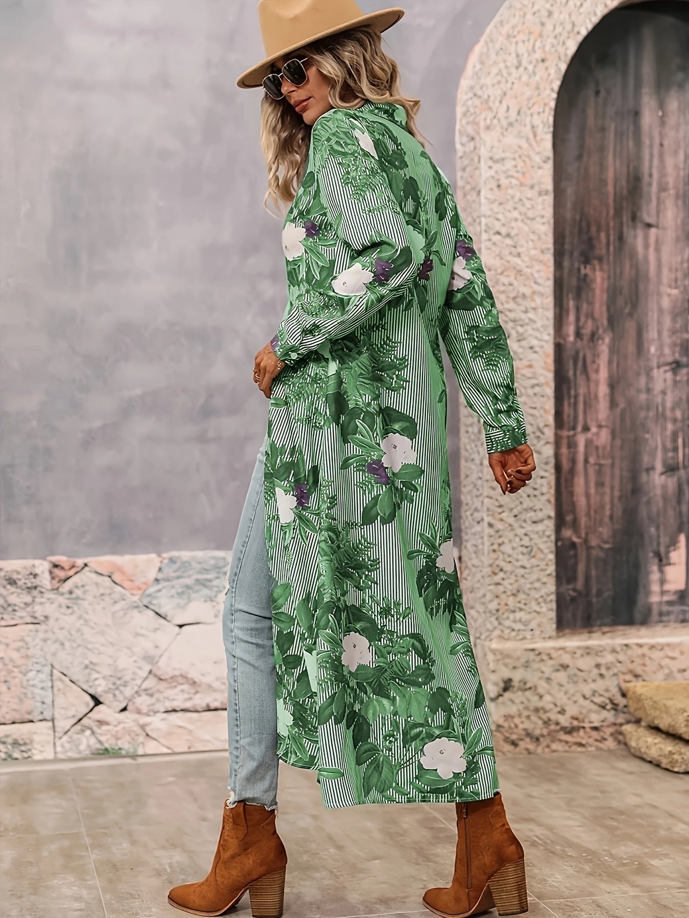  Boho Dress Women's Plus Stripe & Floral Print Long Sleeve