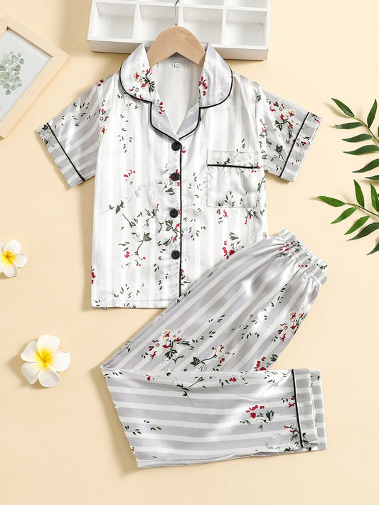 Girls Plant Floral Pattern Lapel Neck Pajama Set