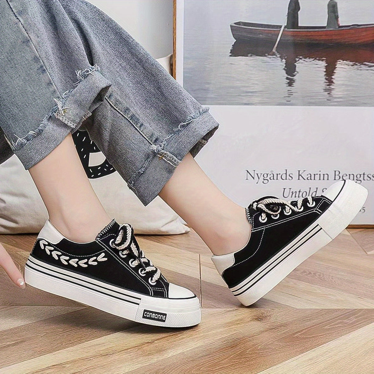 Women's Platform Canvas Shoes Lace Up Low Top Walking Sneakers