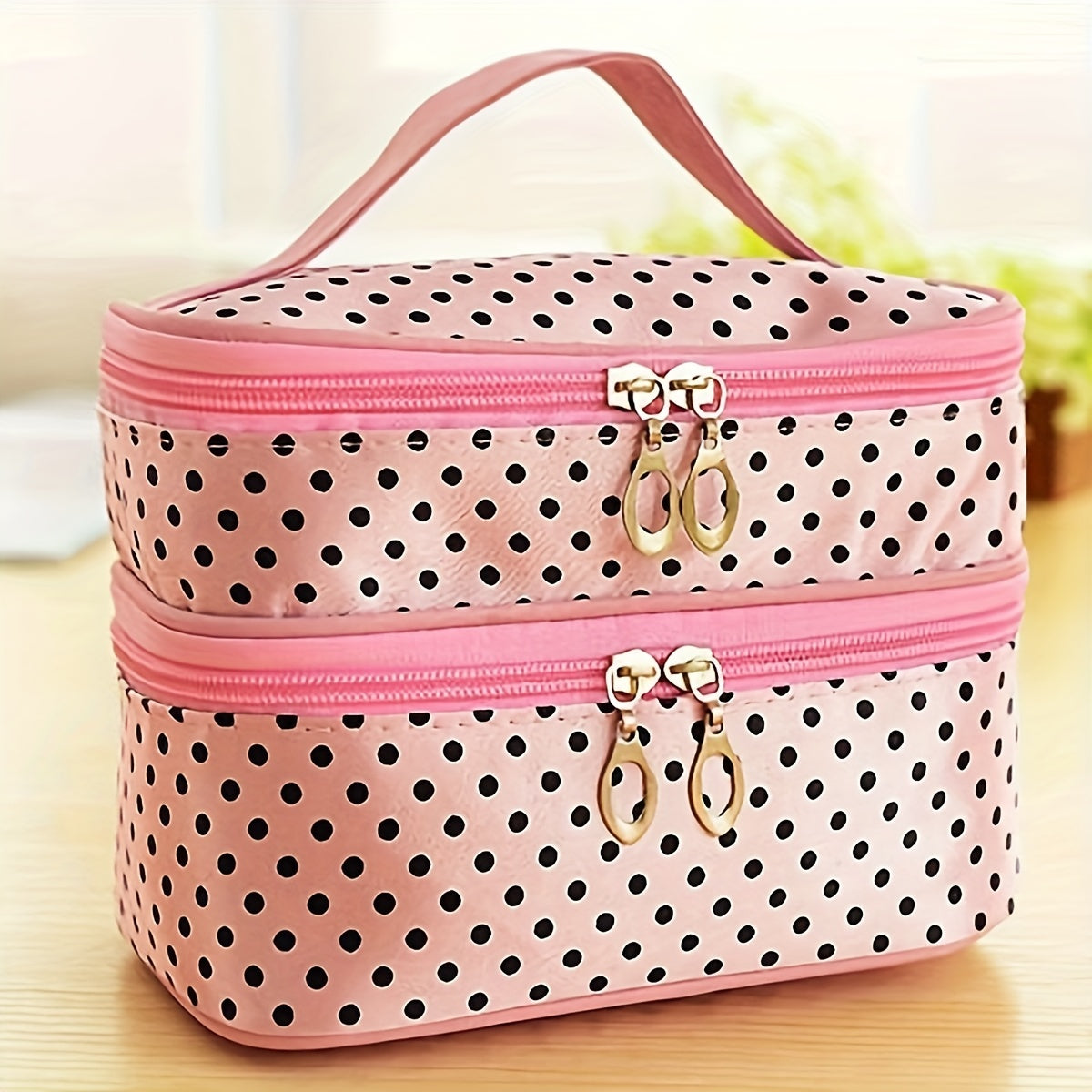 Double Layer Makeup Case Travel Toiletry Pouch Bag Pink Polka Dot