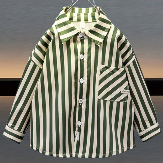 Boys Striped Button Down Shirt Long Sleeve Pocket Top Spring Summer Wear