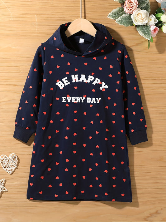 Girls Hearts Hooded Pullover Dress for Spring and Autumn