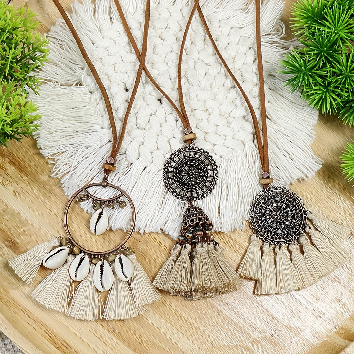 Boho Ethnic Tassel Pendant Necklaces Retro Rhinestone Drip Oil Alloy Necklace