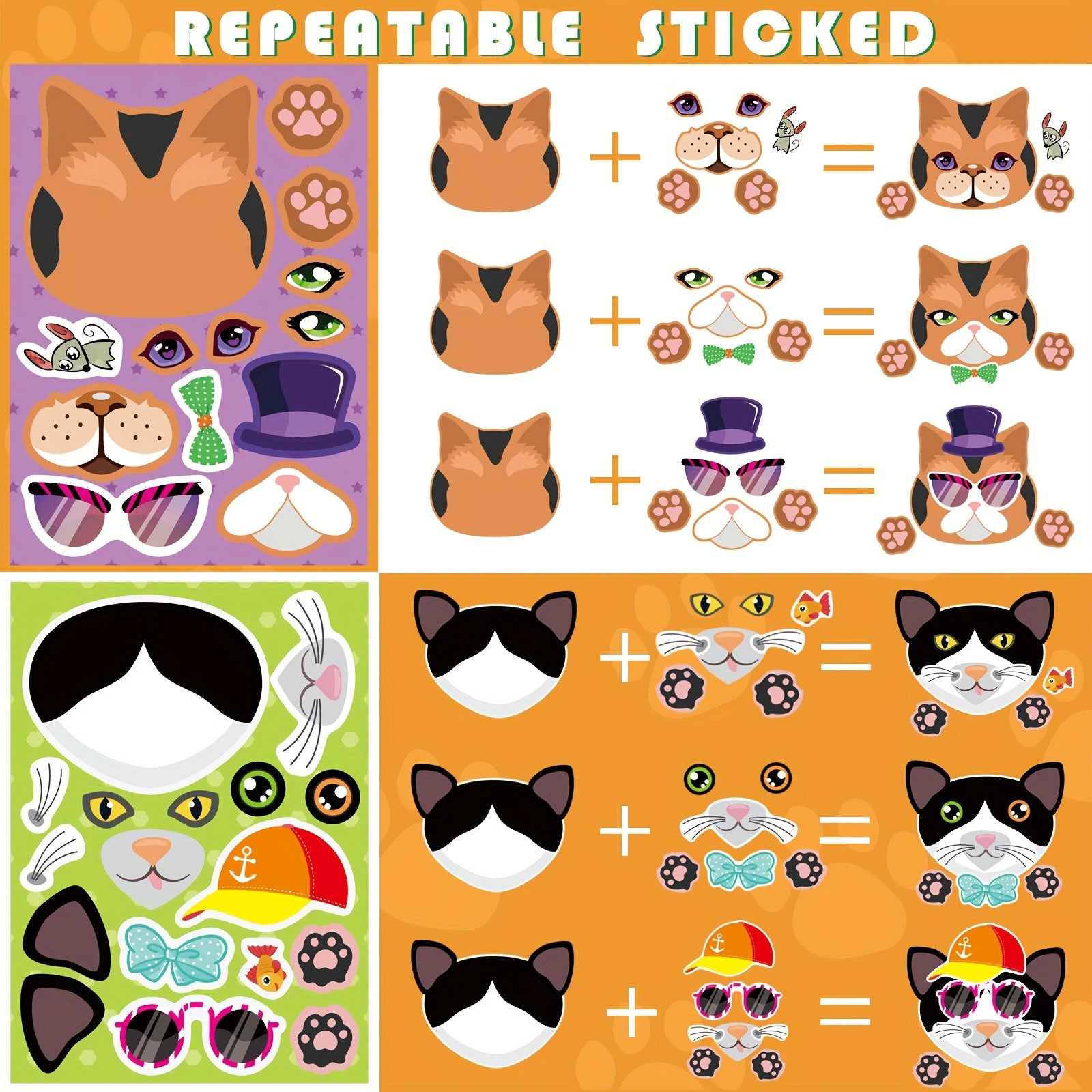 12 Sheets Cats Face Stickers Animal Birthday Gift Supplies