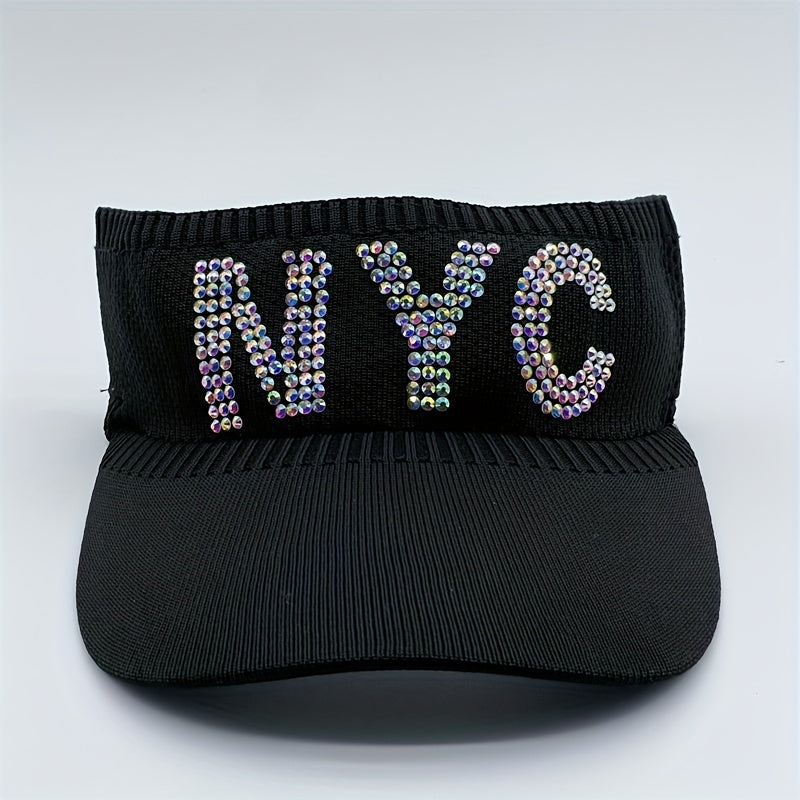 Rhinestone Letter Visor Hat Knitted Elastic Sun Cap