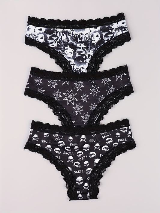 3 Pack Plus Size Gothic Panties Set Women's Plus Skull & Eyeball Sun Print Lace