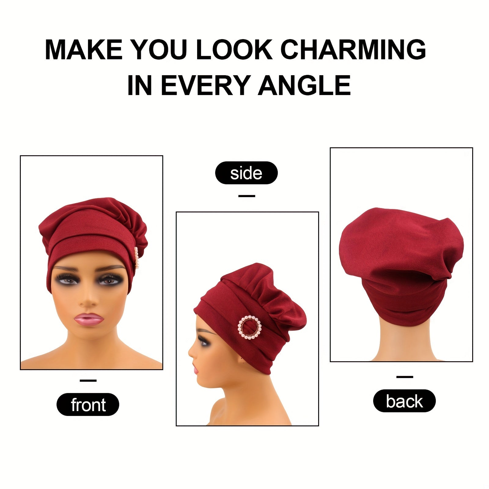 Faux Pearl Decor Turban Caps Solid Hijab Head Scarf Elastic Bonnet Headband