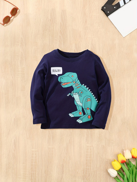 Dinosaur Robot Print Boys Cotton T shirt Kids Long Sleeve Casual Top