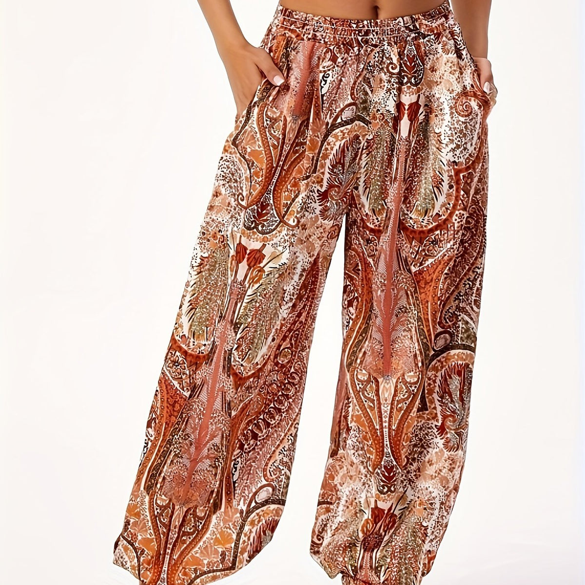  Paisley Floral Print Ethnic Style Pants High Rise