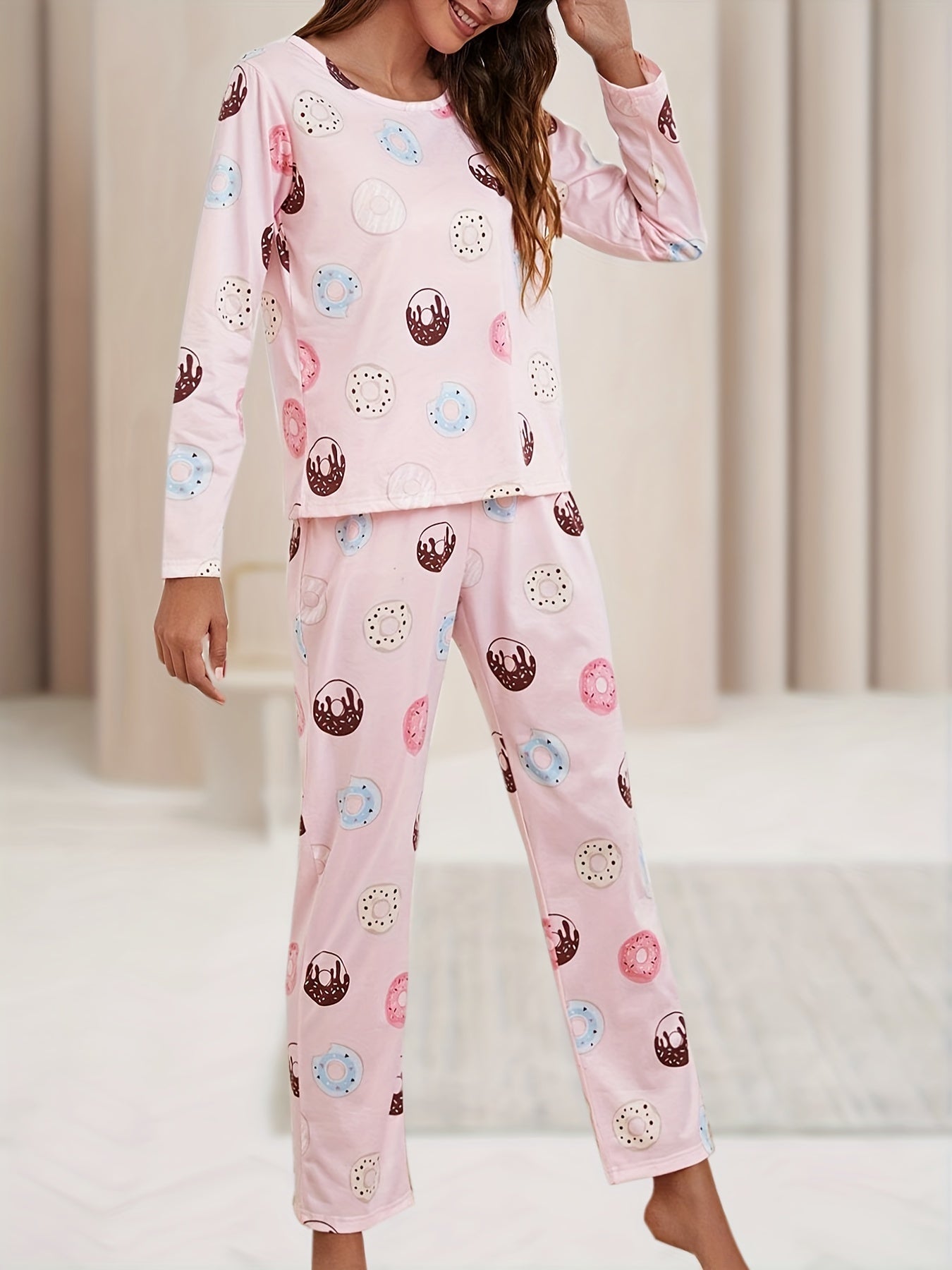  Donut Print Pajamas Set Round Neck Tee & Pants Loungewear