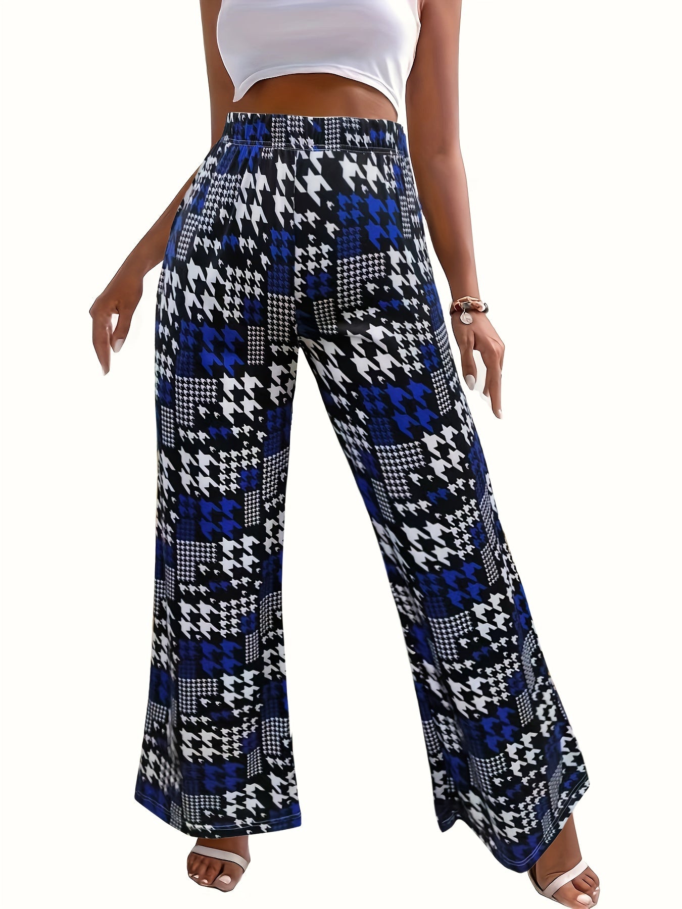 Plus Houndstooth Print High Rise Wide Leg Trousers