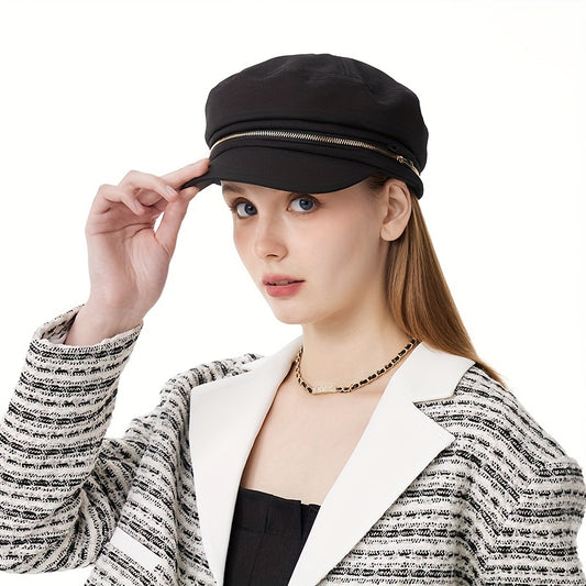 Vintage Zipper Decor Beret Octagonal Cap