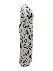  Graffiti Print Round Neck Maxi Dress With Pockets
