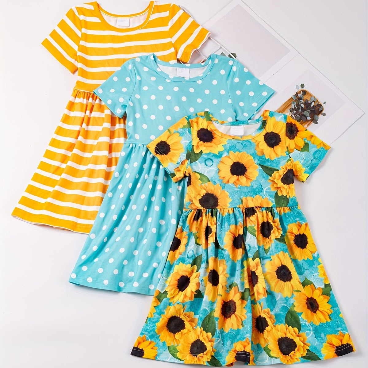 Toddler Girls Sunflower Polka Dot Stripes Dress Set