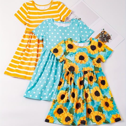 Toddler Girls Sunflower Polka Dot Stripes Dress Set