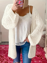  Casual Solid Pointelle Lantern Sleeve Open Front Cardigan