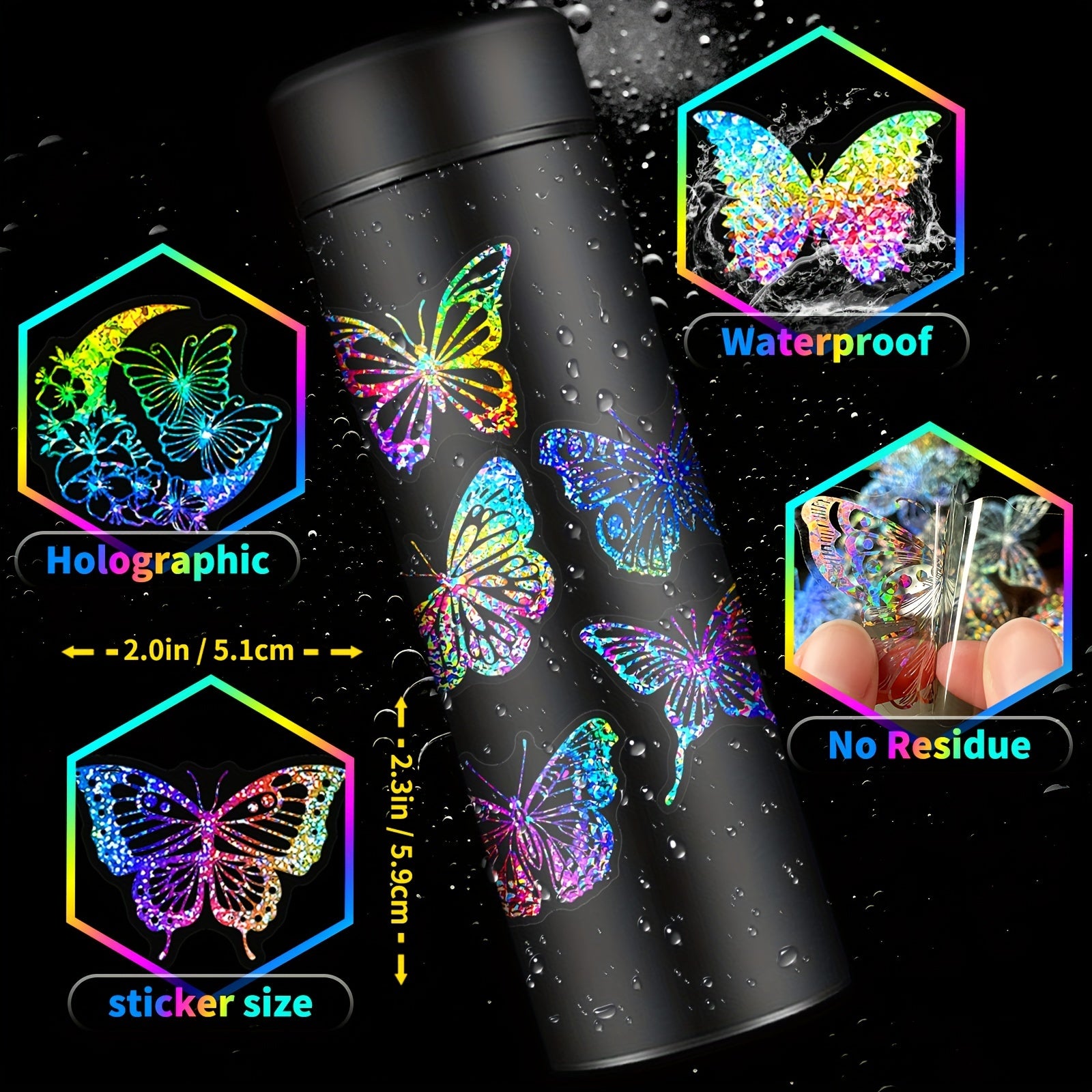 100 Holographic Butterfly Stickers Reusable Adhesive for Glass