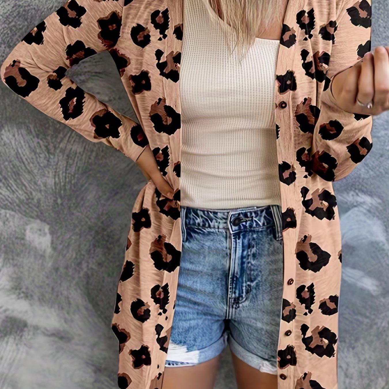  Leopard Print Open Front Long Sleeve Cardigan