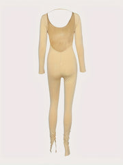 Women's Boat Neck Long Sleeve Backless Jumpsuit