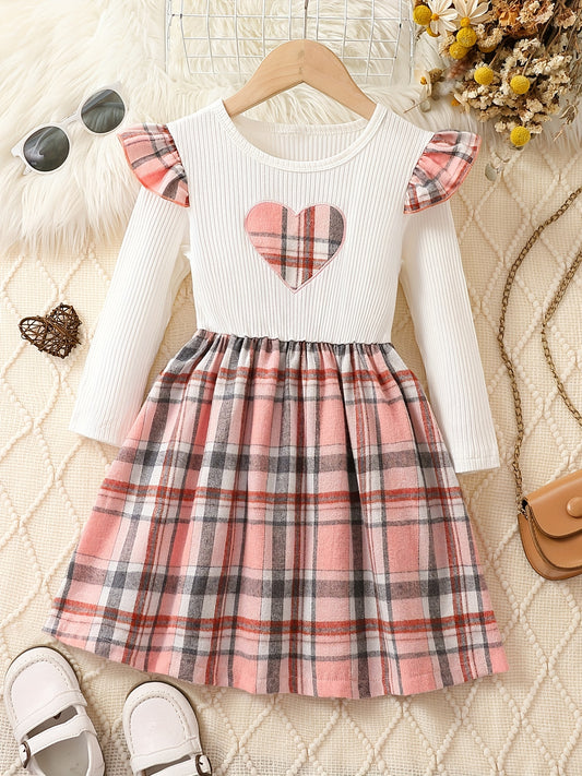 Girls' Plaid Heart Embroidered Dress - Spring/Autumn