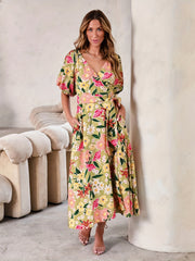 Floral Print Bubble Sleeve Maxi Belted Dress