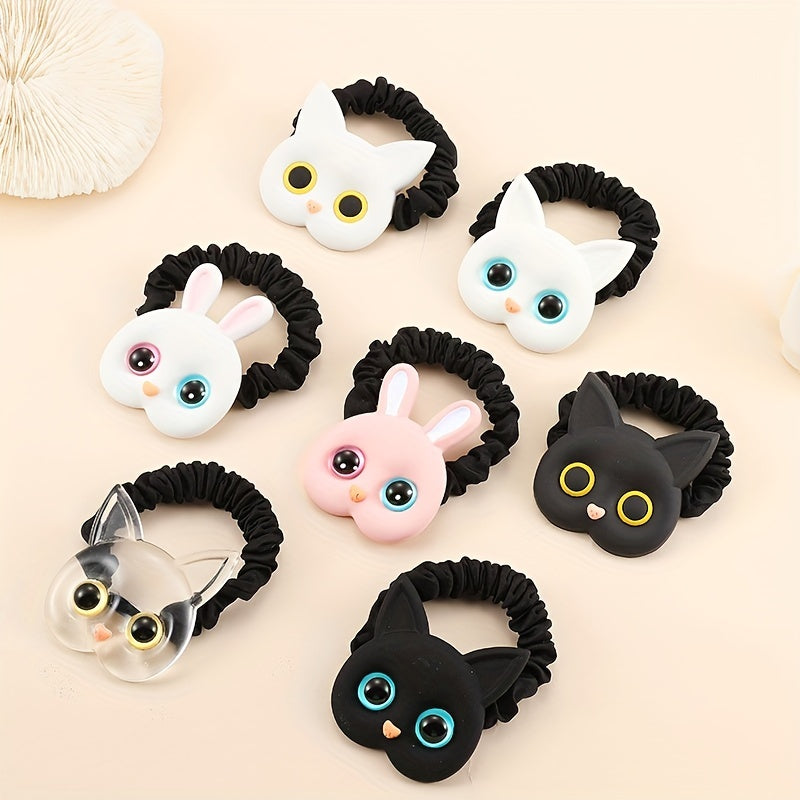 7pcs Cartoon Cat Scrunchies Large Eyes Hair Tie Sweet Ponytail Holder Hair Rope