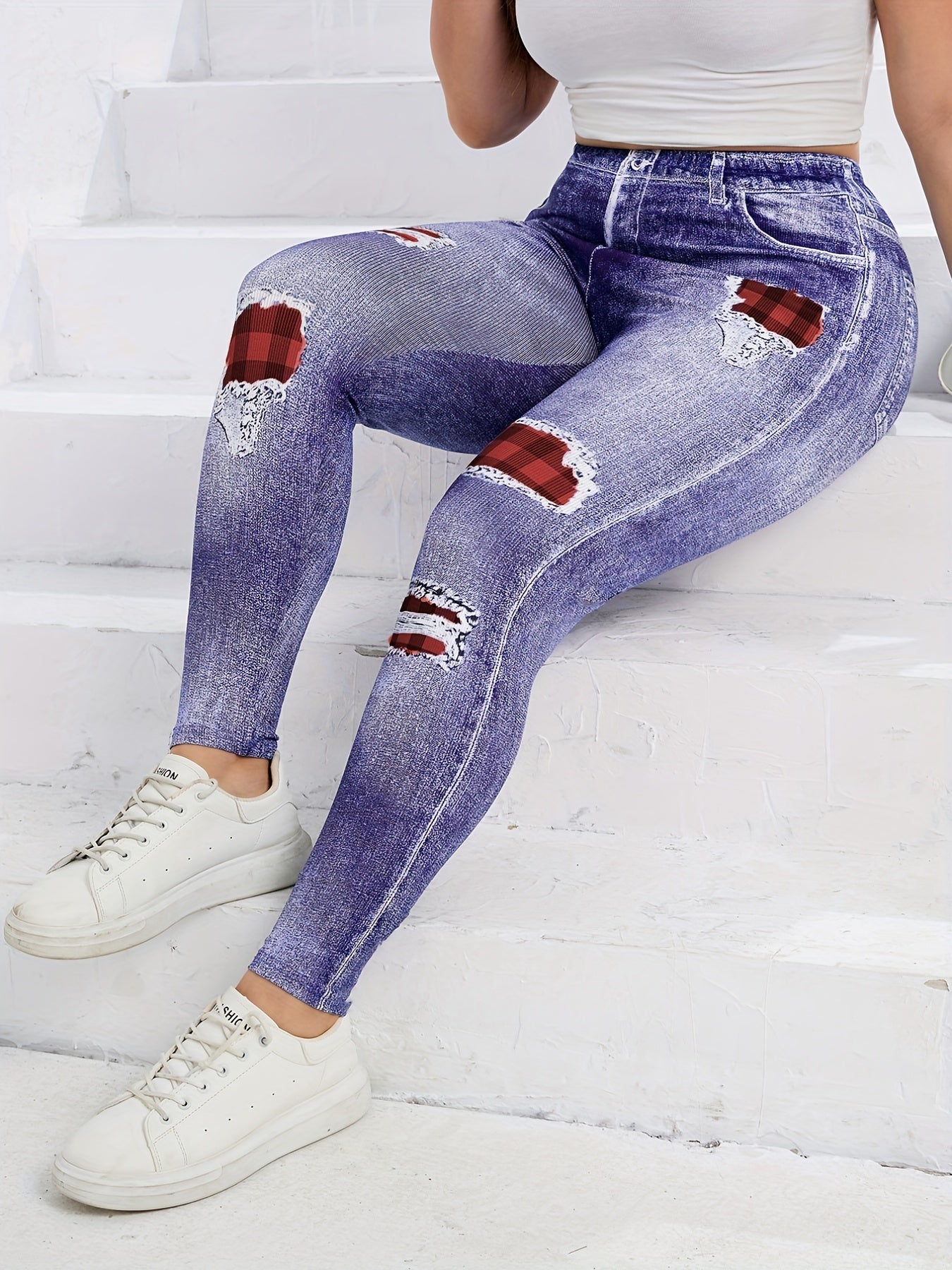  Denim Print Ripped High Waist Leggings Women's Casual